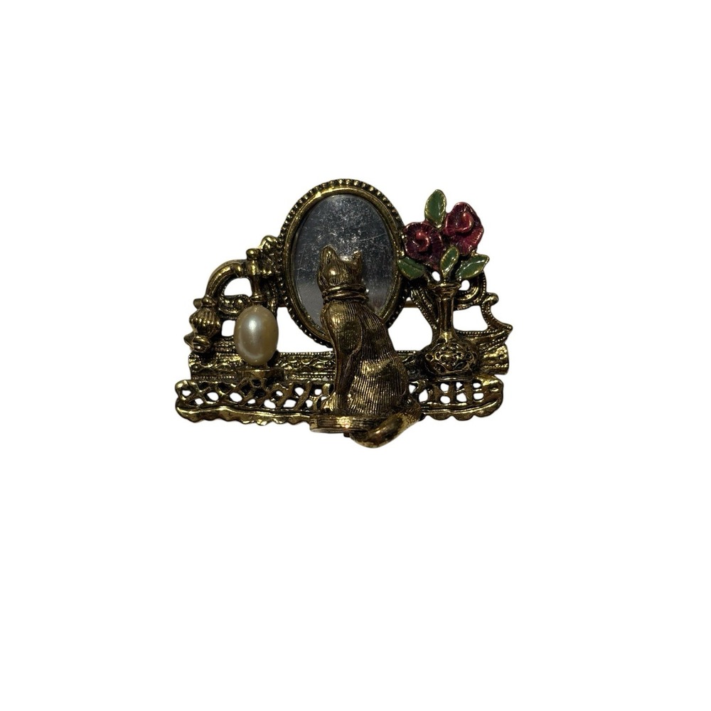 Vintage 1928 Gold Tone Faux Pearl Perfume Kitty Cat Vanity Reflection Brooch Pin